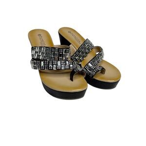 Patrizia by spring step black Vegas crystal jeweled toe wedge sandals size 38 (7